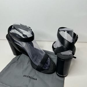 Balenciaga heeled sandals strappy black open toe wedge block heel logo sz 41 11